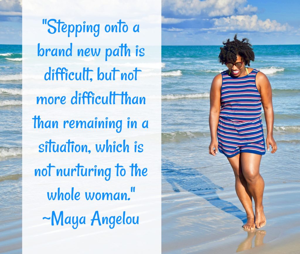 Maya Angelou quote over image of African American woman walking on beach.