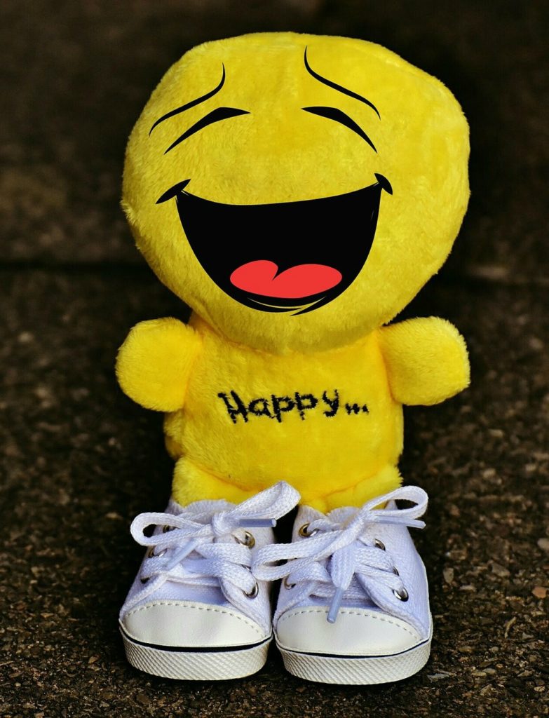 smiling image of yellow plush stuffed toy with happy on its chest